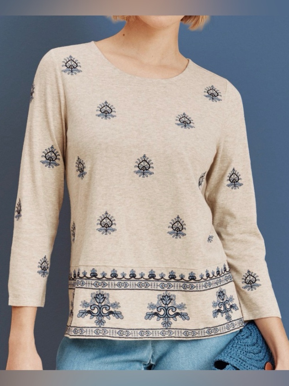 Purejill Embroidered Cotton Top - Beige with Blue Motifs